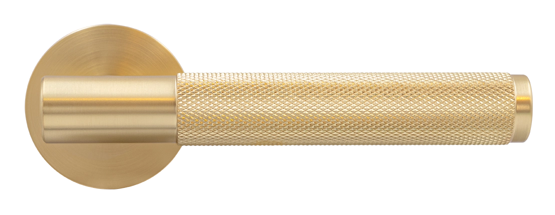 Ручка дверная AZRIELI MH-57-R6T MSG раздельная на круглой розетке, цвет матовый сатинированный золото, ЦАМ фото купить в Шымкенте