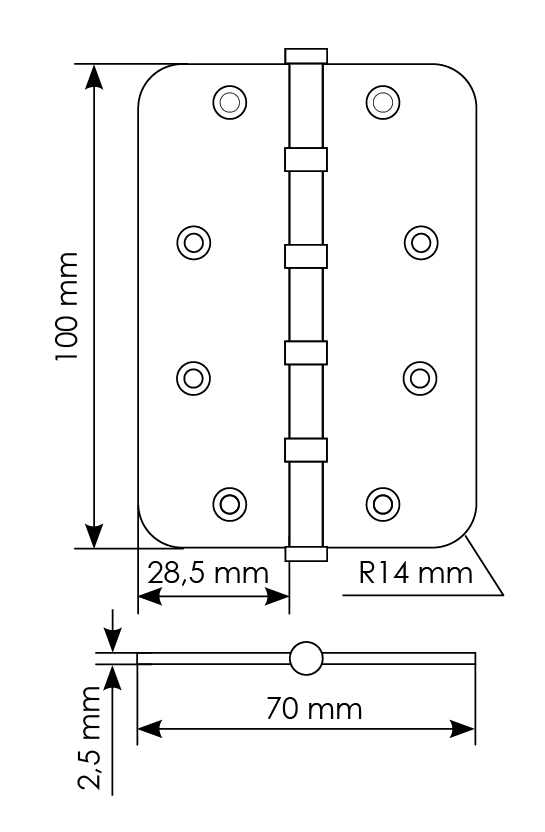 Петля стальная MSN-C 100X70X2.5-4BB SG скругленная универсальная с подшипником, вес полотна до 40 кг, цвет матовое золото фото купить в Шымкенте