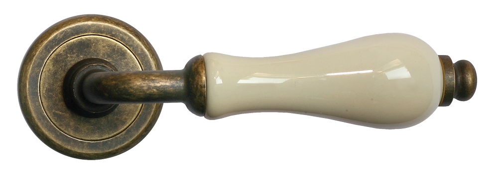 Ручка дверная CERAMICA CC-3 OBA/CHAMP раздельная на круглой розетке, цвет античная бронза/шампань, латунь фото купить в Шымкенте
